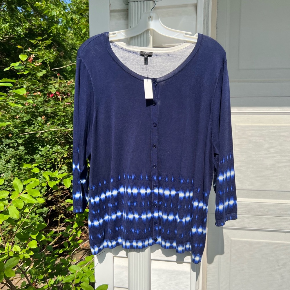 NWT Talbots Fun Blues White Patterned  3/4 Sleeve Charming Cardigan